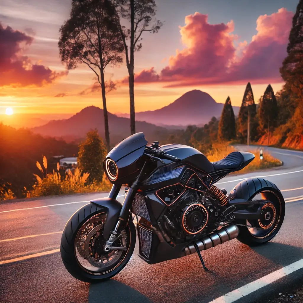 Custom-built motorcycle parked on a scenic road during sunset, symbolizing freedom and creativity.
