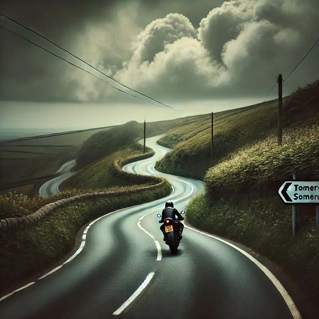 A winding Somerset road with a motorcycle under cloudy skies, illustrating motorcycle safety challenges.