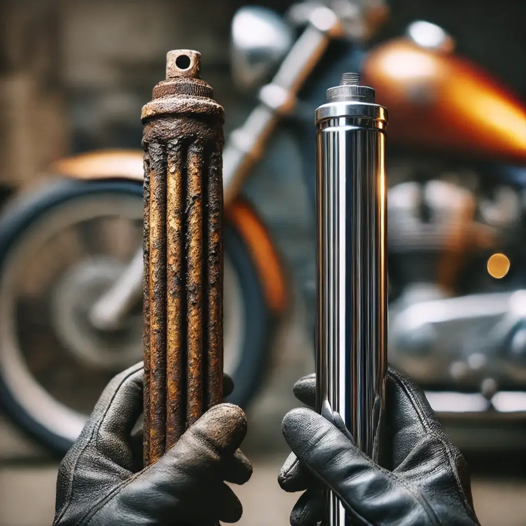 Comparison of a rusty motorcycle fork tube versus a polished one.