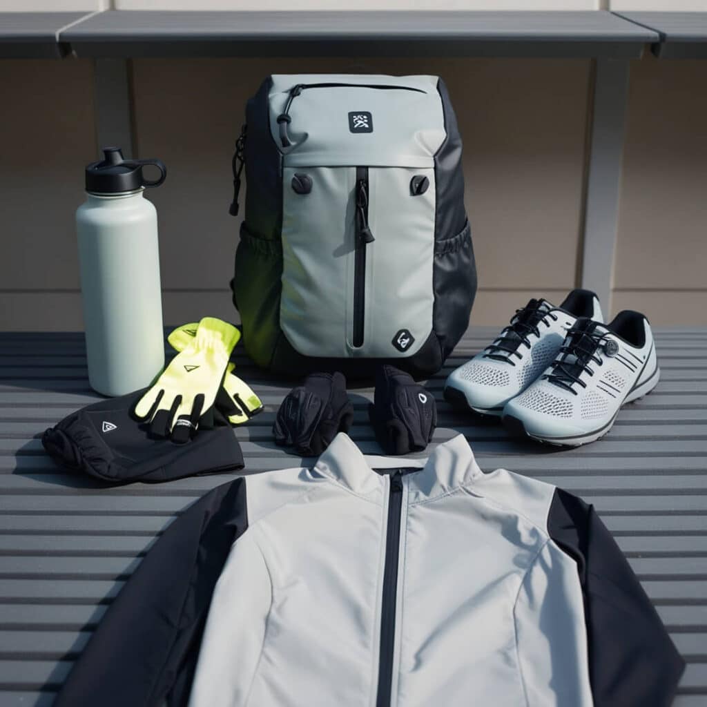 Compact gym bag with essentials for motorcycle riding, including gloves, water bottle, and lightweight jacket.