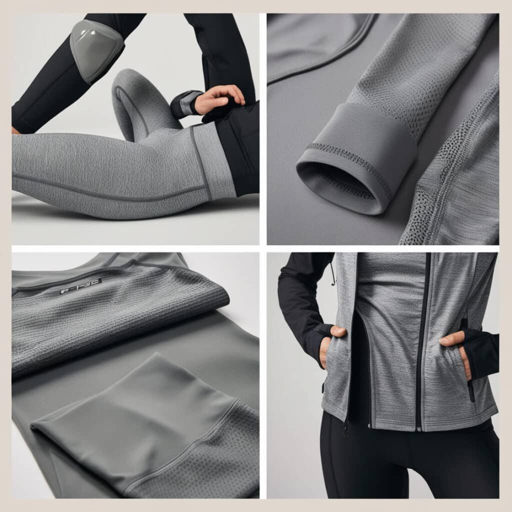 Close-up shot of durable and stretchable gym clothes material, highlighting fabric suitable for motorcycle riding.