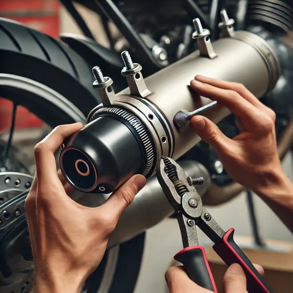 Mechanic installing a quieter motorcycle exhaust system.