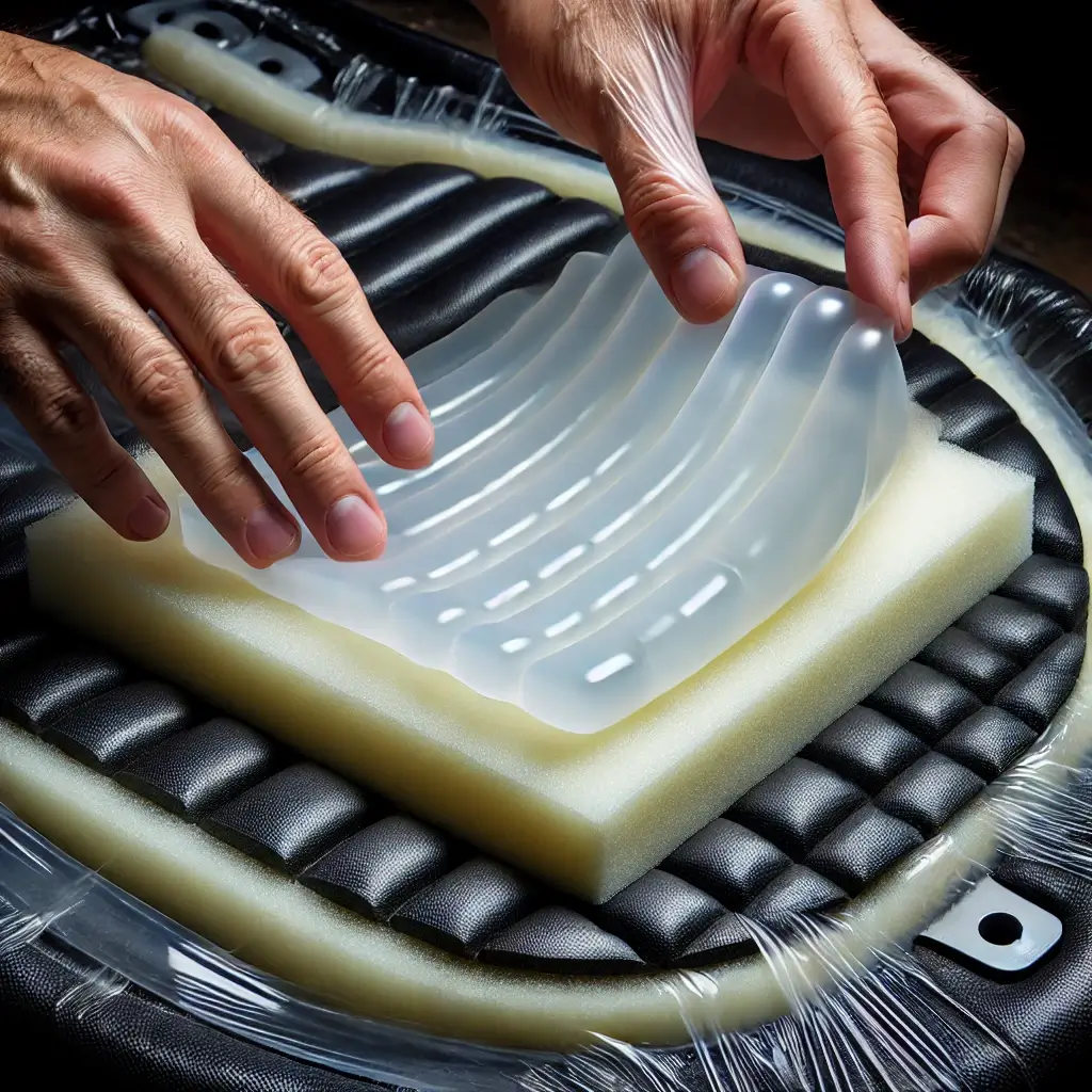 Hands layering gel cushion and foam padding on a motorcycle seat base with adhesive.