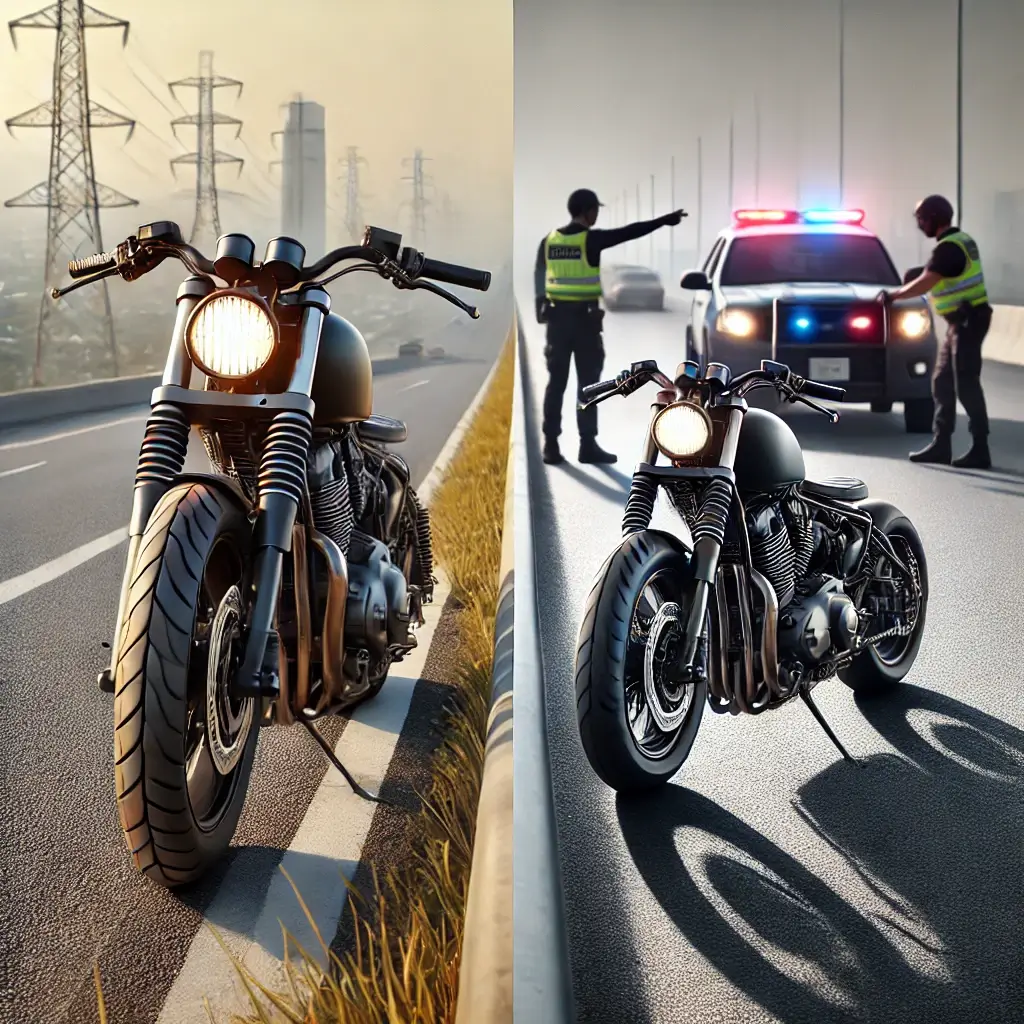 A realistic daytime scene showing a titled motorcycle being ridden on an urban highway, contrasted with a motorcycle being impounded by police on a roadside.