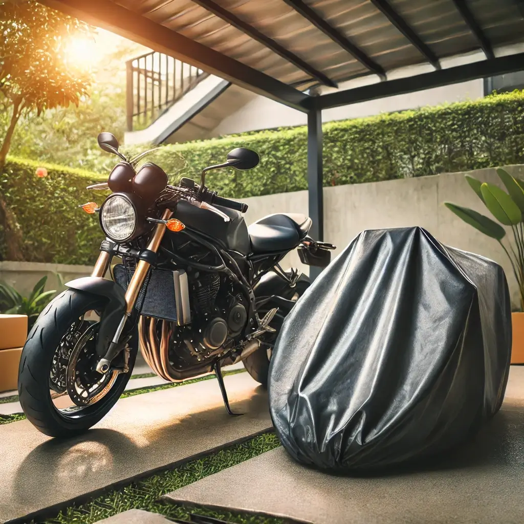 A motorcycle with a glossy vinyl wrap parked in a shaded area, with a protective cover nearby, showcasing proper care to maintain durability.