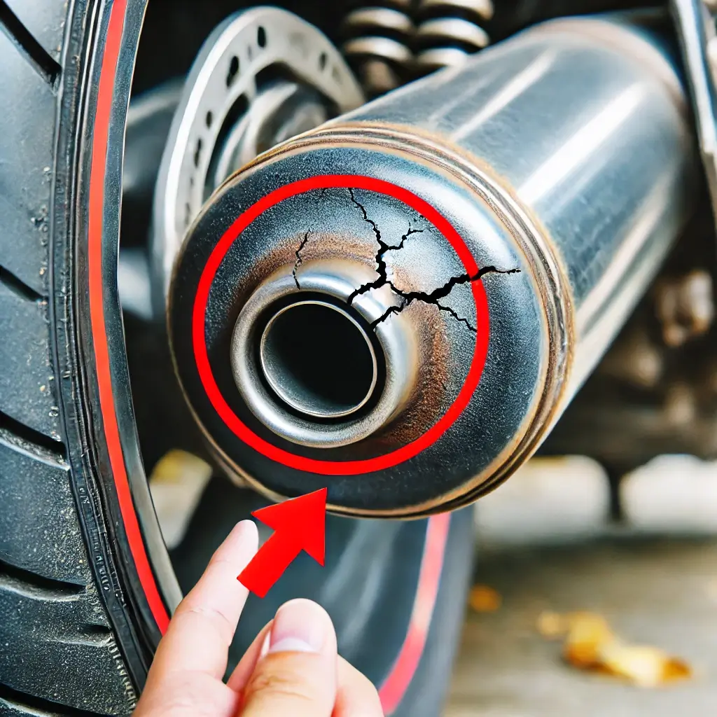 Motorcycle exhaust showing a crack that causes leaks and noise.
