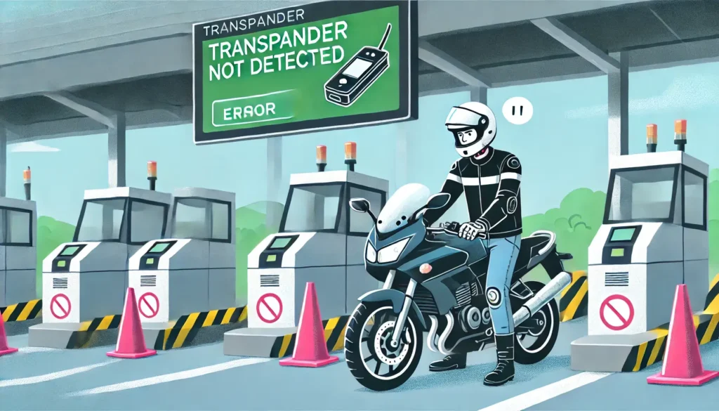 A frustrated motorcyclist at a toll booth with a visible "Error: Transponder Not Detected" message.
