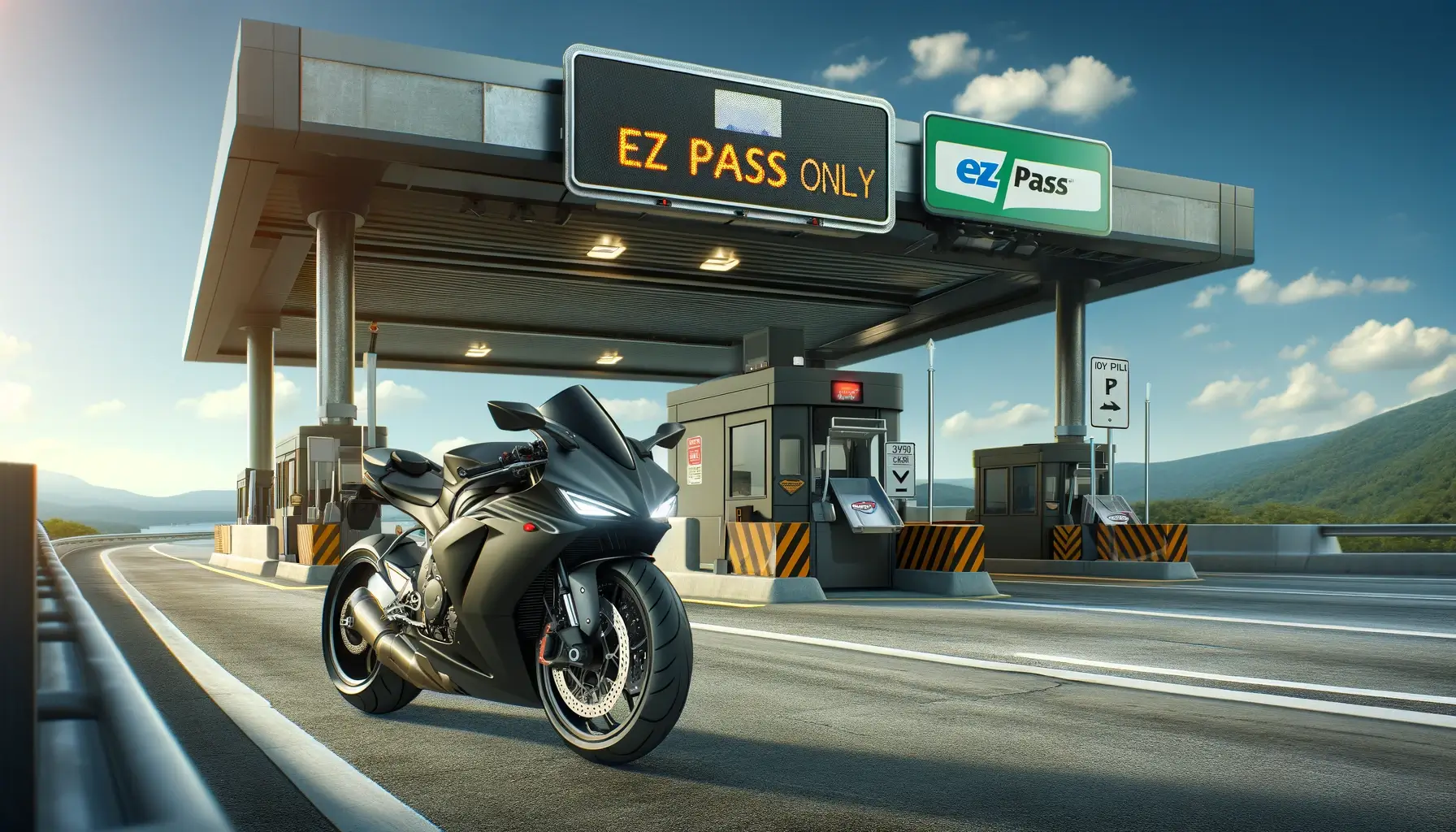 A motorcycle with an EZ Pass transponder cruising through a toll booth under clear skies.