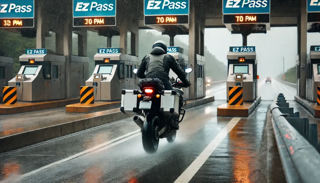 A motorcyclist riding safely through a toll booth in light rain.