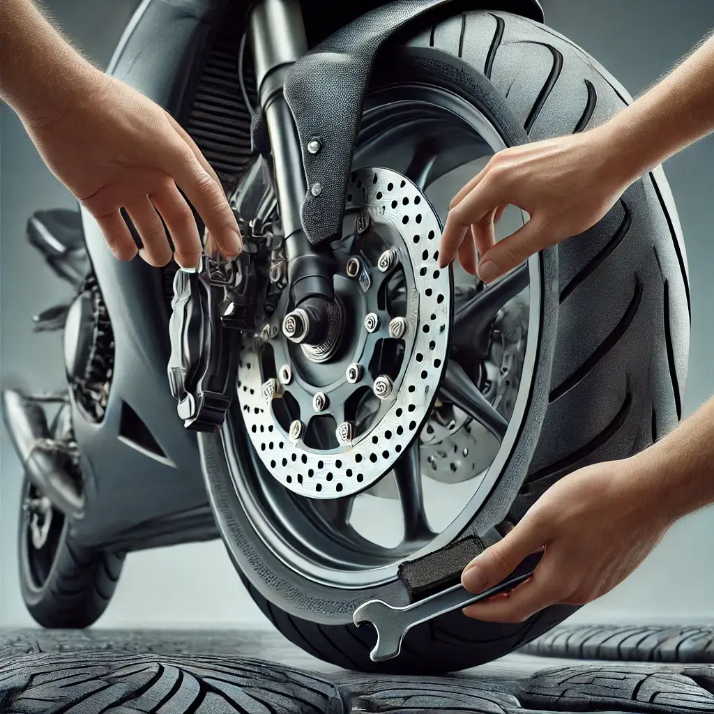 Close-up of hands inspecting a motorcycle’s tire and brake system with tools.