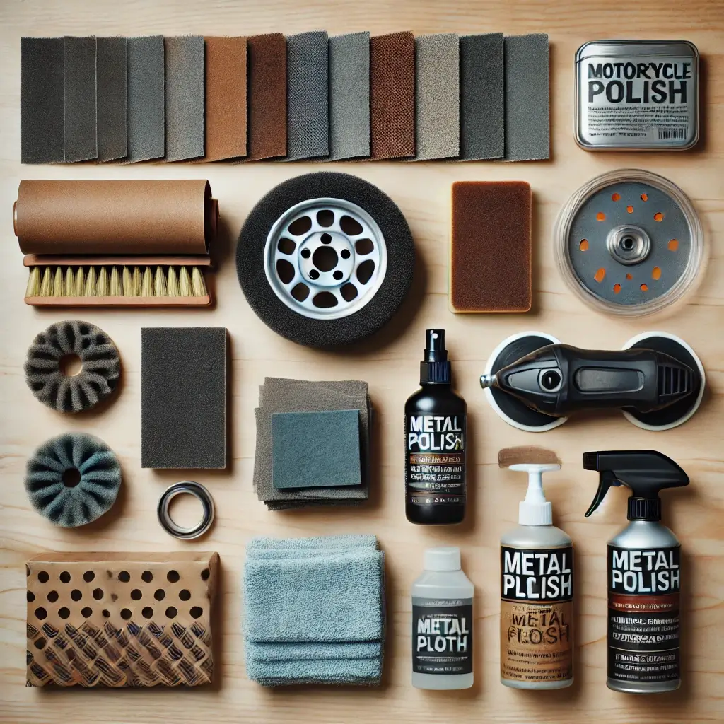 Flat lay of tools, including sandpaper, polish, and cloths, for motorcycle maintenance.