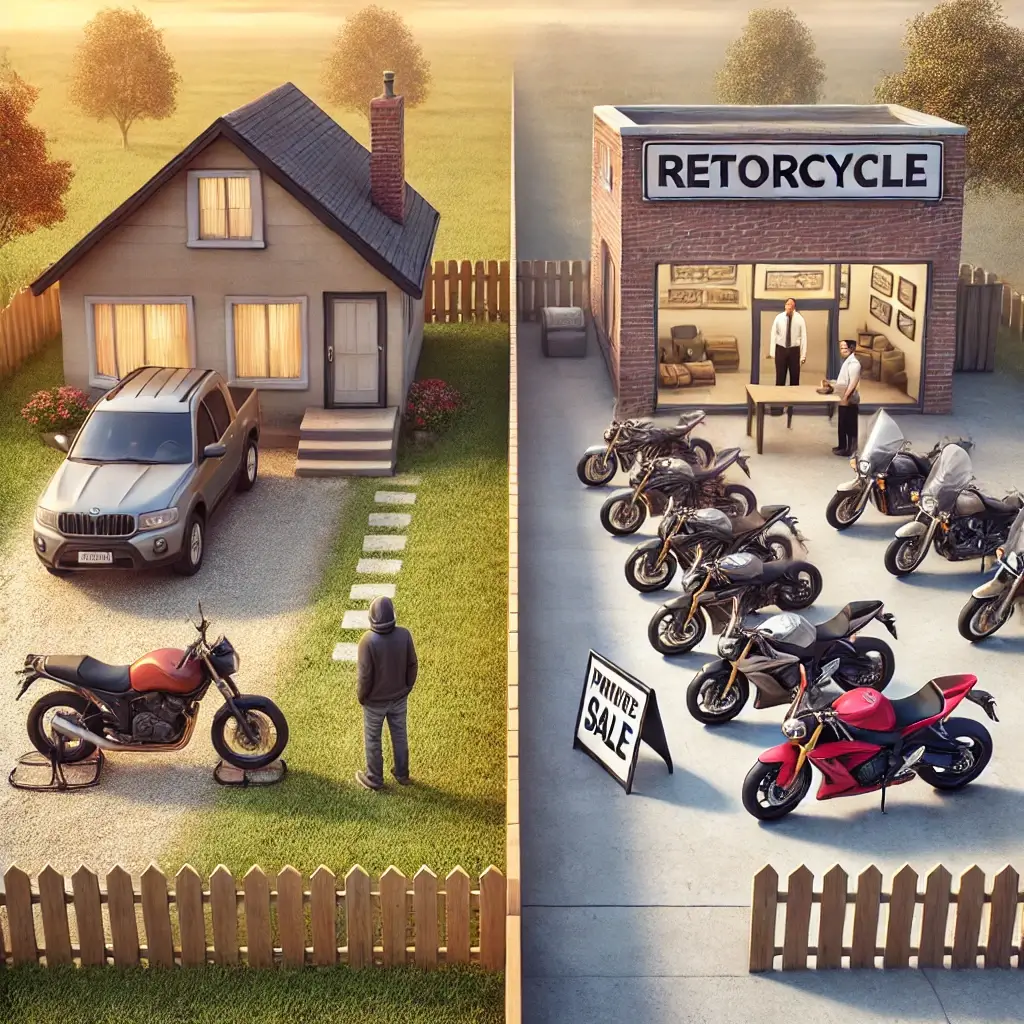 Comparison between buying a motorcycle from a private seller at home and a dealership with multiple bikes on display.