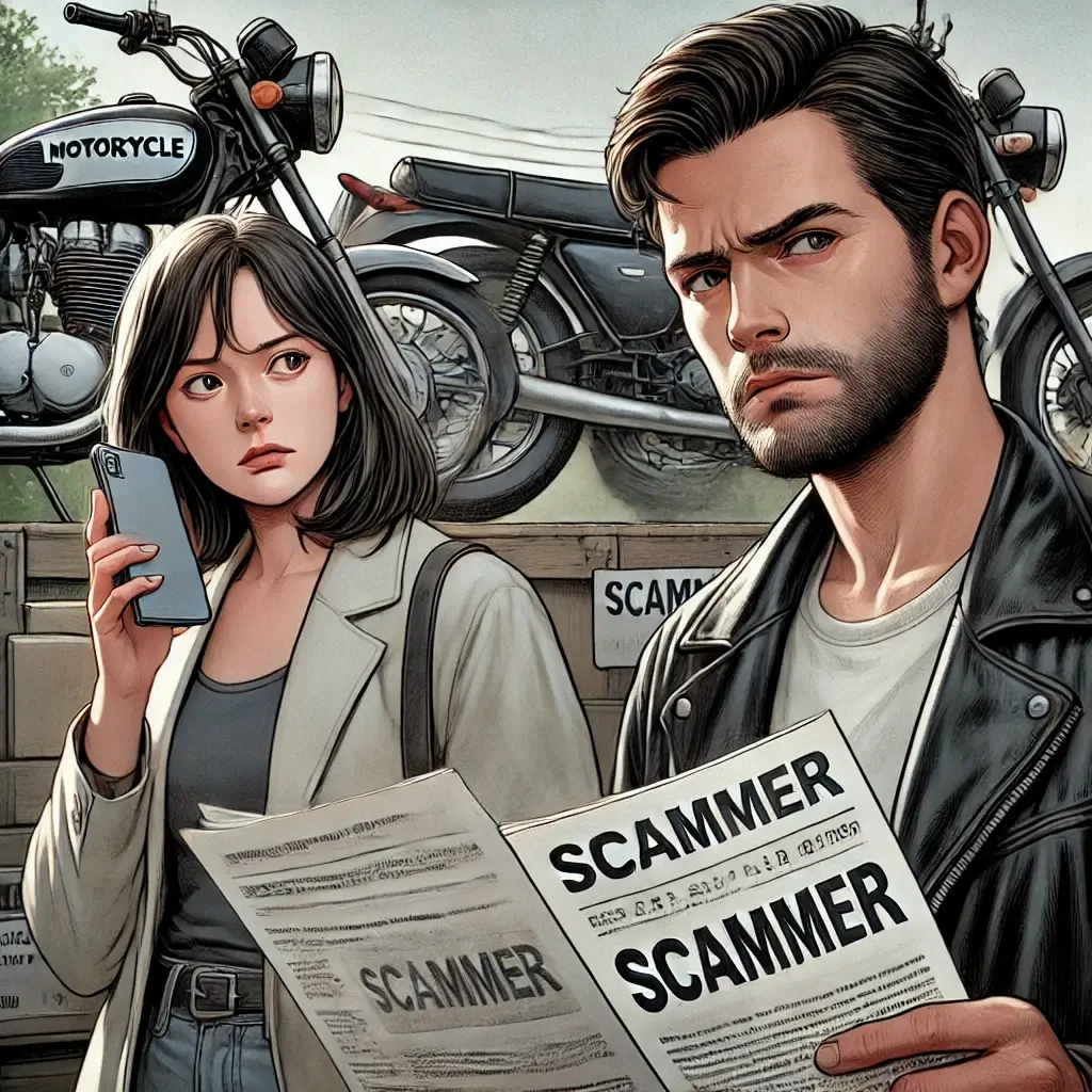 Two people with wary expressions conducting a motorcycle sale, with one holding a phone and the other examining documents marked 'SCAMMER.' The setting is an outdoor or garage sale with a motorcycle visible in the background.