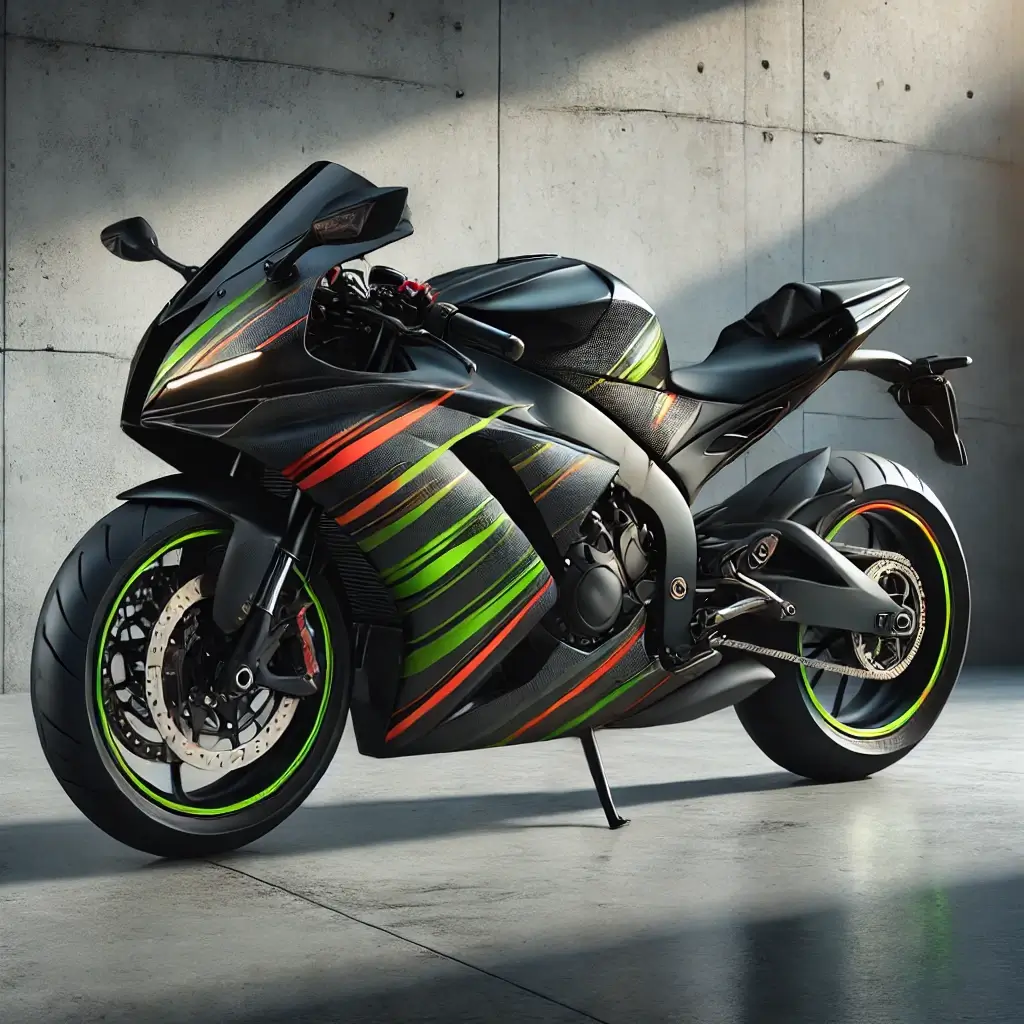Modern motorcycle with a matte black finish and vibrant vinyl wrap design featuring neon green and orange accents, parked in an urban setting.