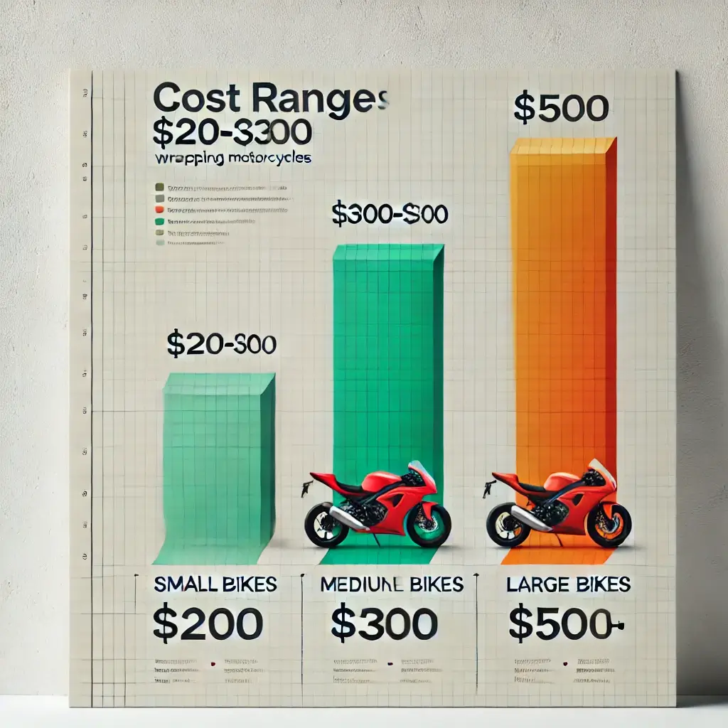 Cost comparison chart showing price ranges for wrapping motorcycles, with smaller bikes starting at $200 and larger bikes exceeding $500.