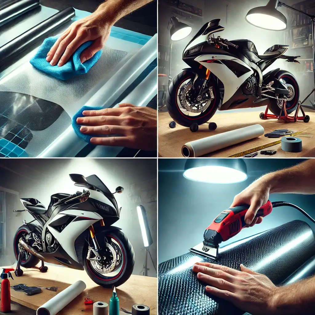 A collage showing the motorcycle wrapping process: cleaning, measuring and cutting vinyl, applying vinyl with a squeegee, and using a heat gun.