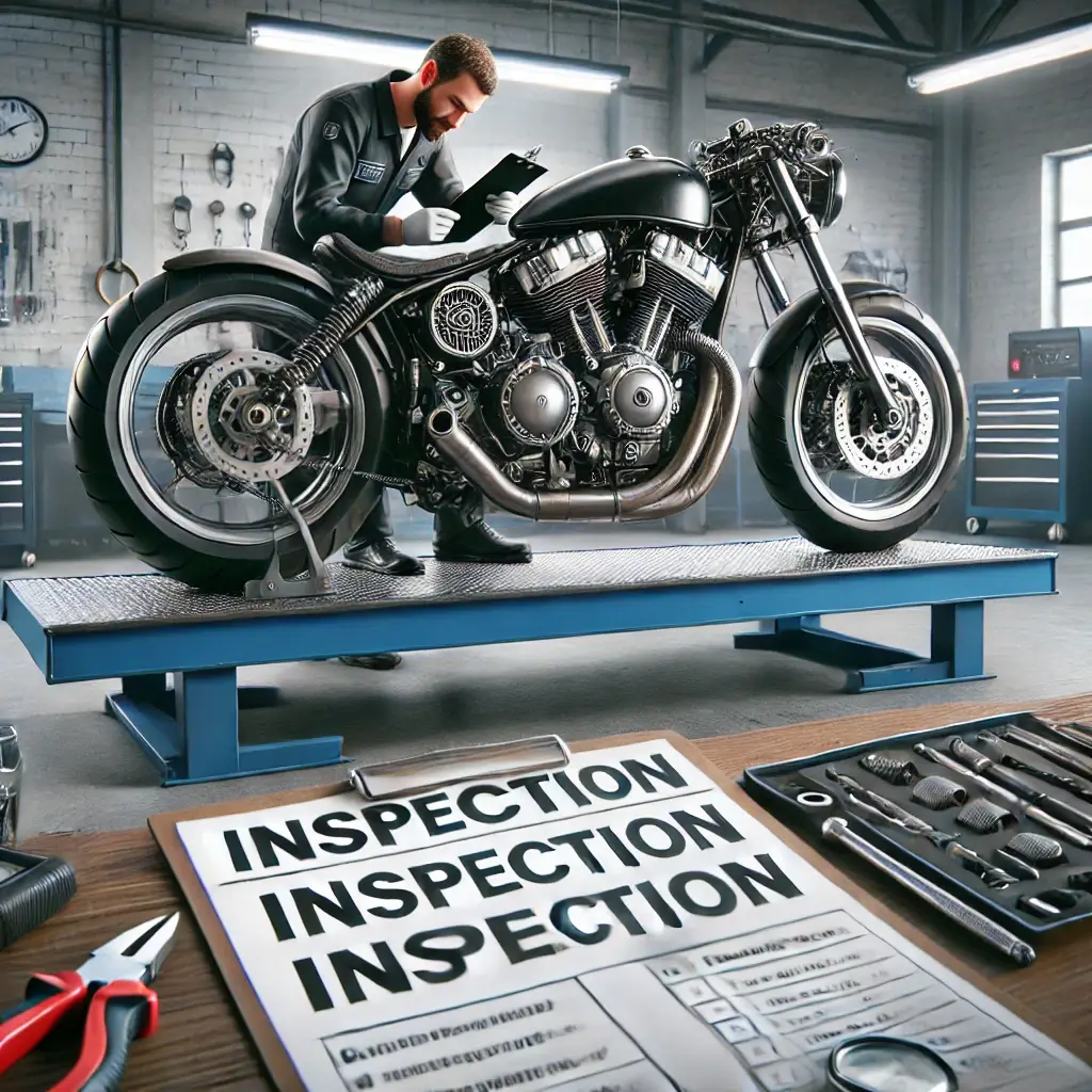 A custom-built motorcycle undergoing inspection at a station, with an inspector examining the engine on a raised platform in a garage setting.