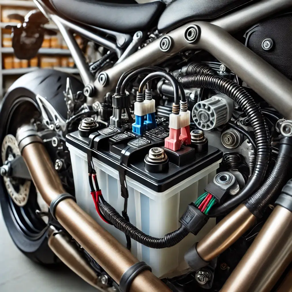 Well-maintained motorcycle with emphasis on electrical wiring and connectors