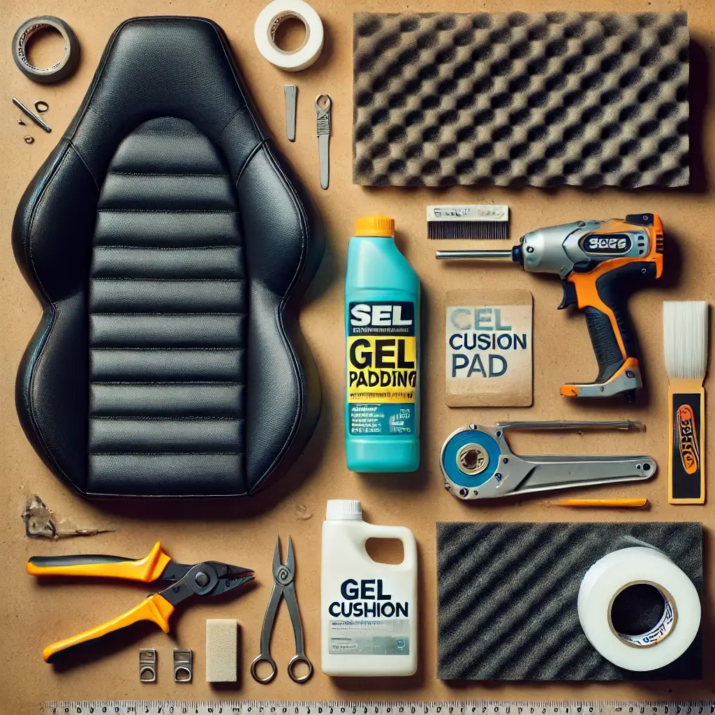 Flat lay of materials: gel cushion, foam padding, leather or vinyl cover, adhesive, and staple gun for seat customization.