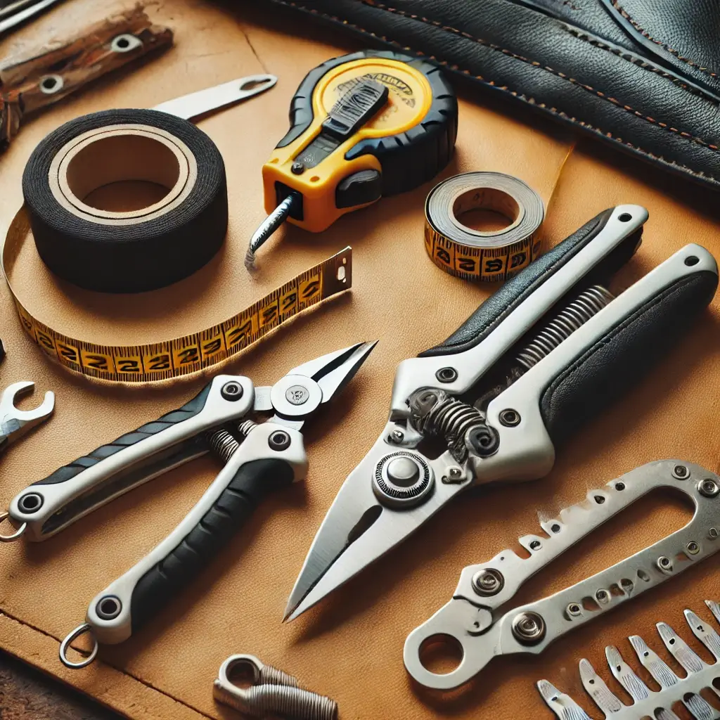 Close-up of tools for DIY motorcycle seat customization: knife, measuring tape, and staple remover on a workbench.