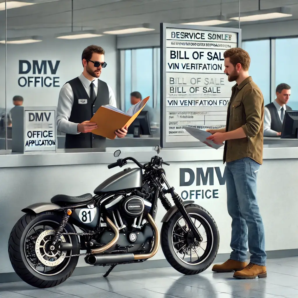A custom-built motorcycle owner submitting title application documents at a DMV office counter, with a DMV officer processing the application.