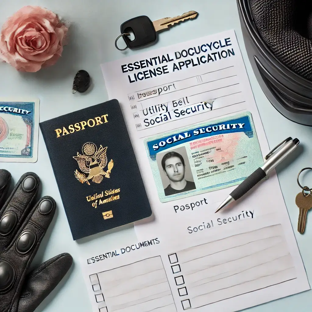 A flat-lay of essential documents for a motorcycle license application, including a passport, Social Security card, utility bill, and a checklist next to a helmet and motorcycle key.