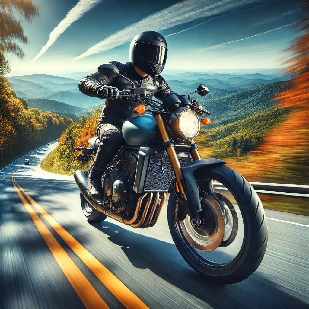 A motorcyclist riding through the Blue Ridge Mountains in North Carolina, wearing full safety gear with vibrant fall foliage and clear skies.