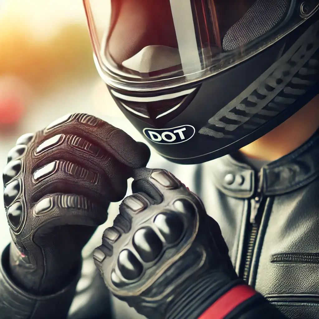 Close-up of a motorcyclist putting on a DOT-approved helmet with gloves and a protective jacket visible in the frame.