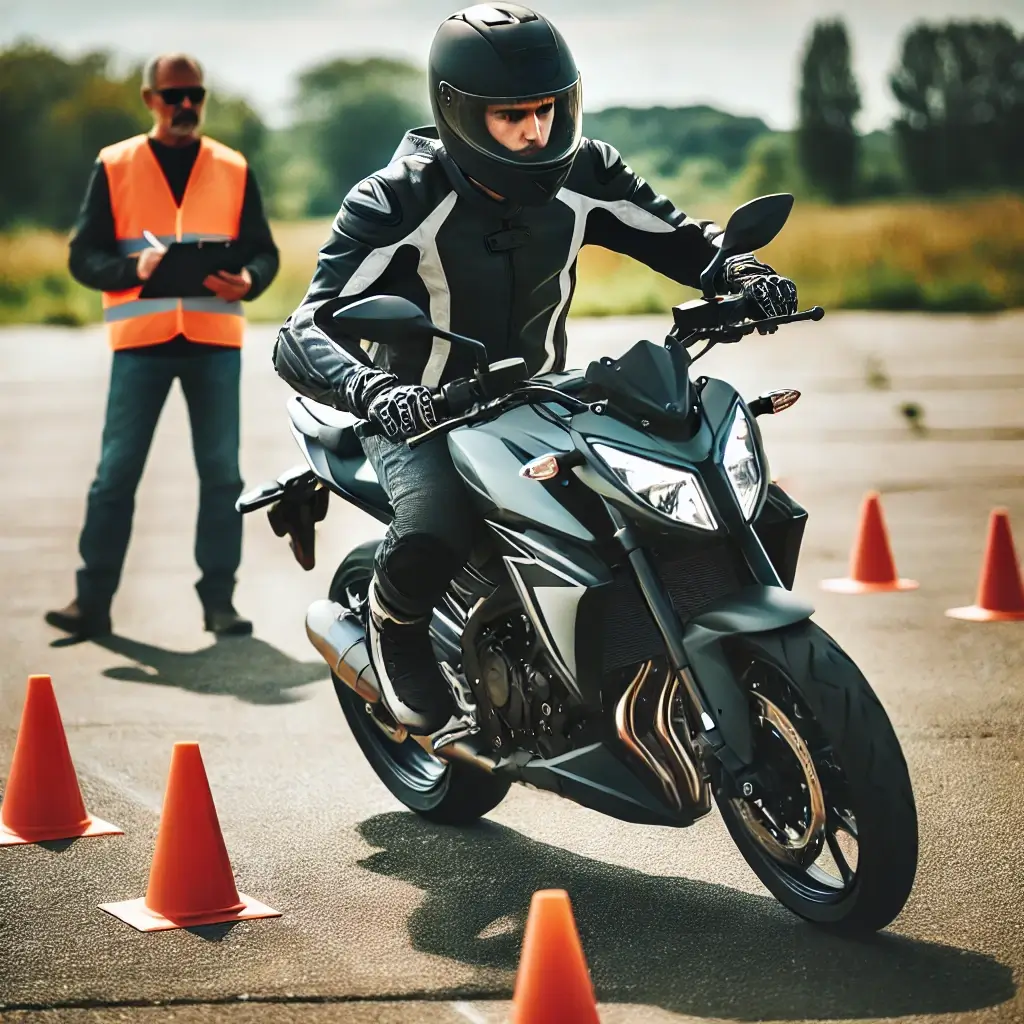 A motorcyclist practicing on a skills test course, navigating orange cones on an asphalt track with an instructor observing nearby.