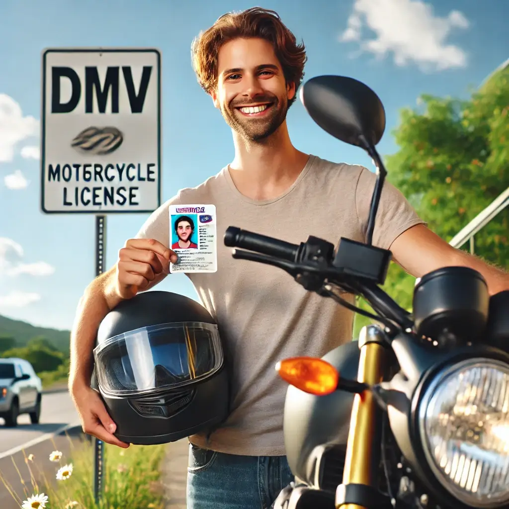 A happy motorcyclist holding a newly issued motorcycle license, standing beside their motorcycle with a DMV sign in the background.