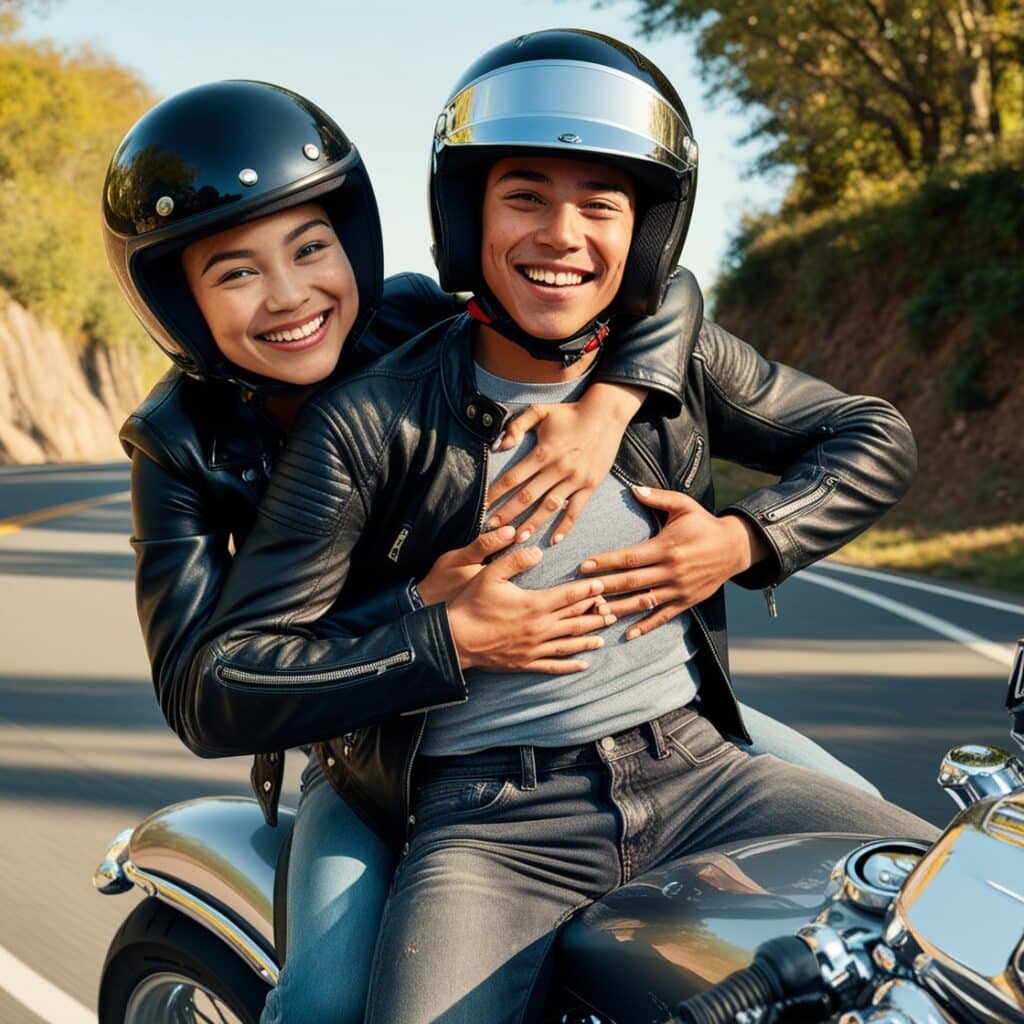 Passenger holding securely and leaning with the rider on a motorcycle