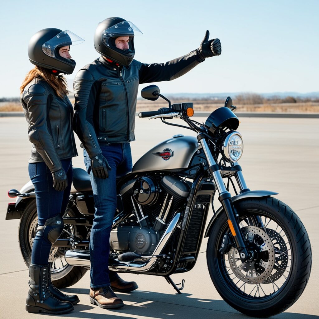 Passenger and rider communicating with a hand signal before the motorcycle ride
