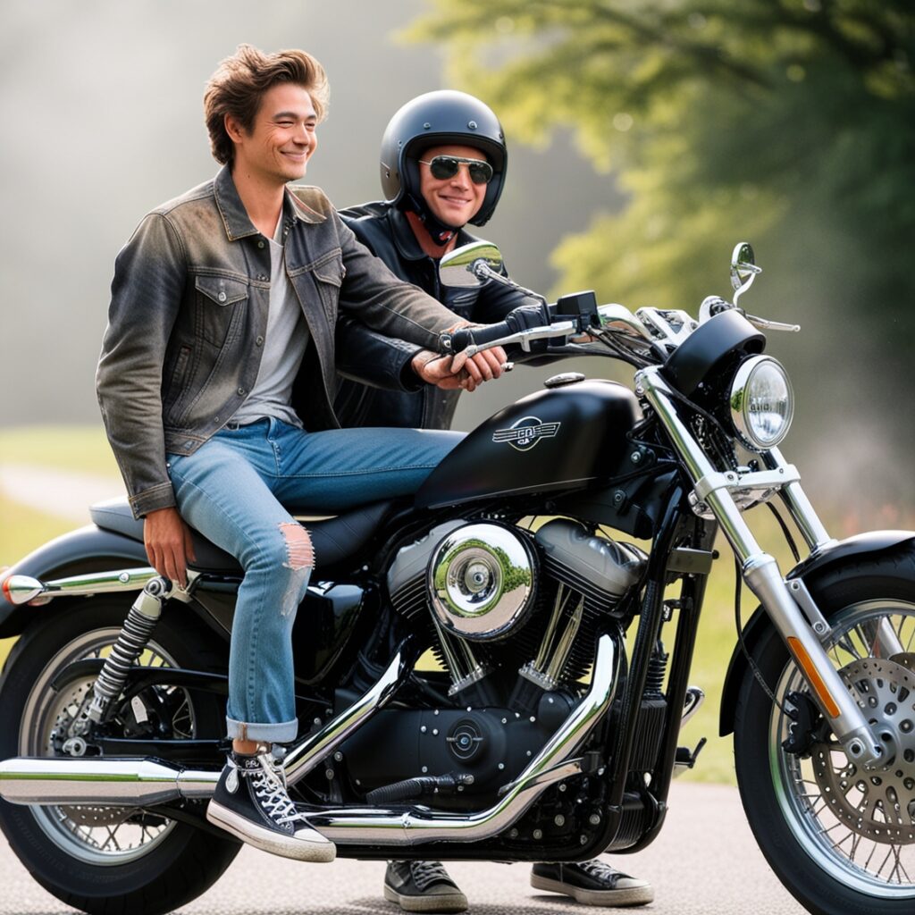 Passenger safely unmounting a motorcycle with the rider’s support