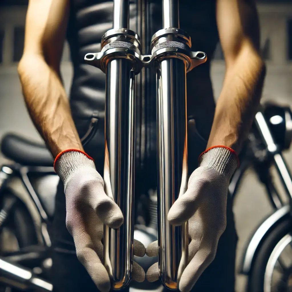 A person holding shiny, clean motorcycle fork tubes in a garage.