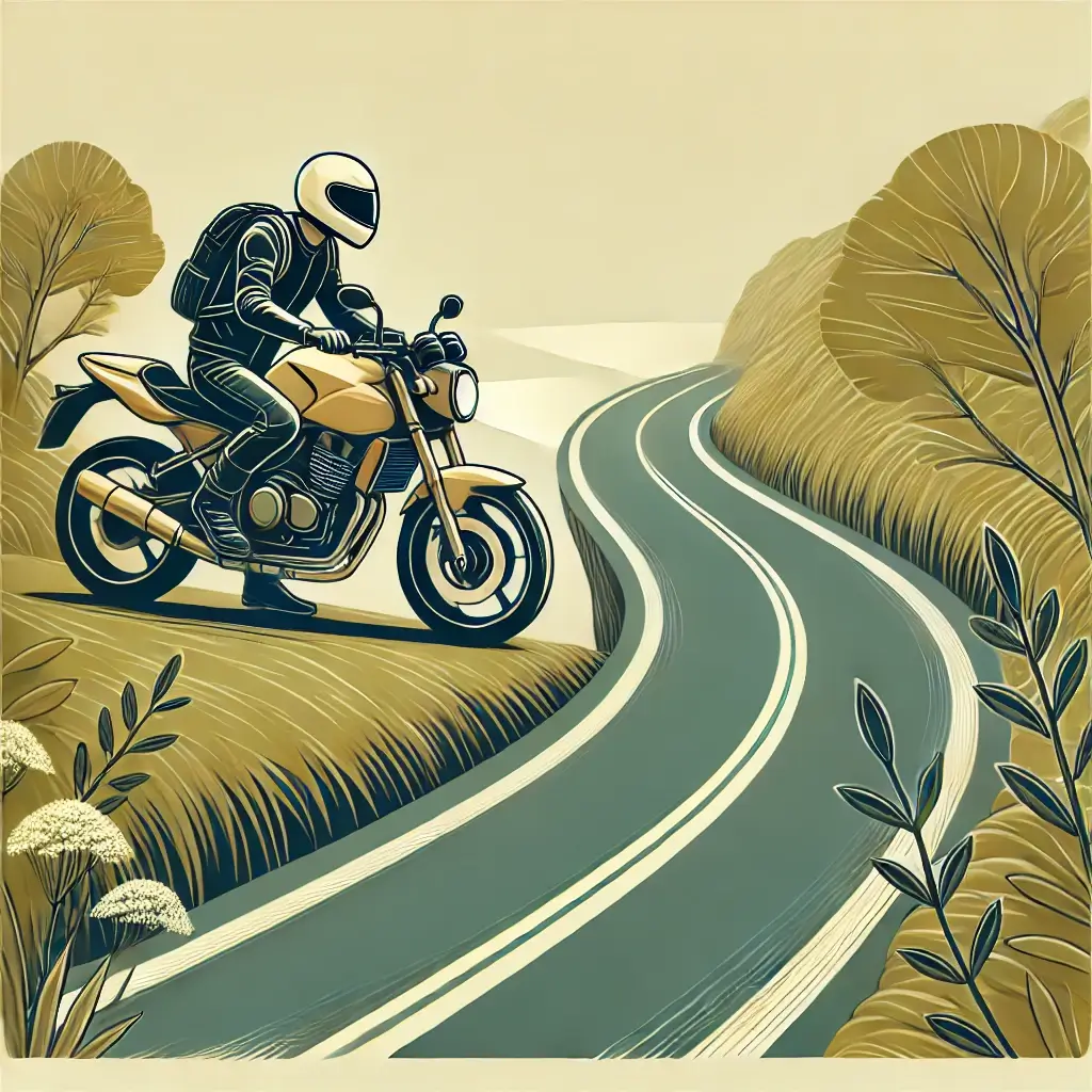 Alert motorcyclist on a narrow road, scanning the path ahead for potential hazards.