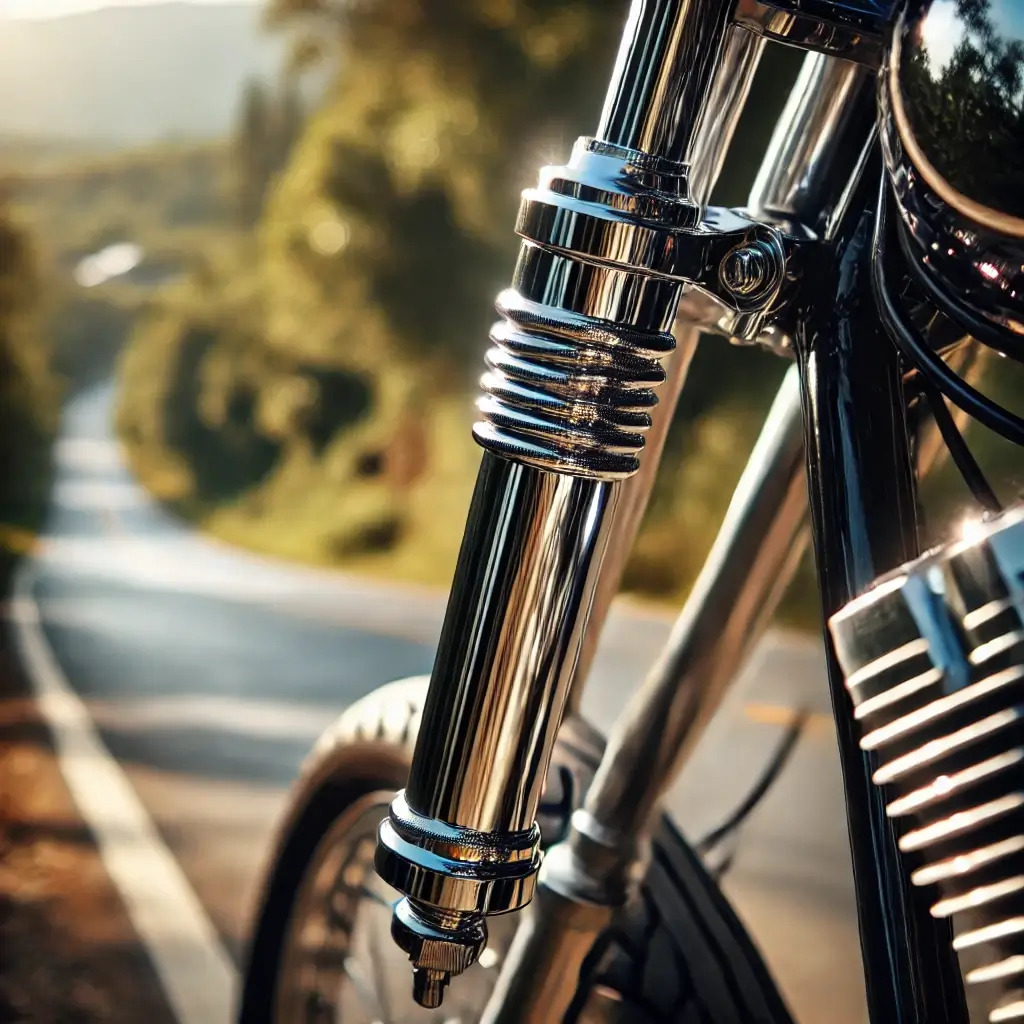 A close-up of a shiny fork tube on a motorcycle.