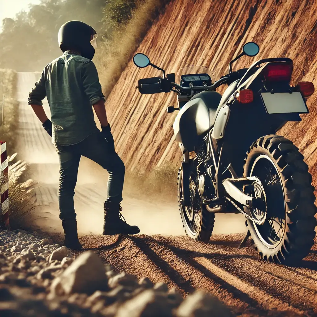 Motorcycle rider looking behind on a slope to check for obstacles before reversing.