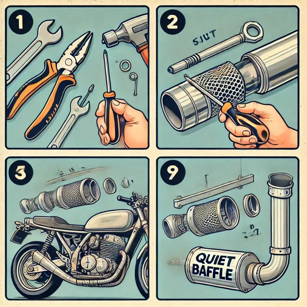 Steps to install a quiet baffle: showing tools, removal of old baffle, and installing the new one.