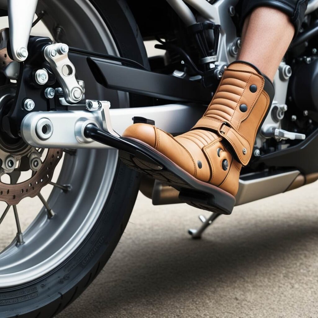 A close-up photograph of a motorcyclist's foot wearing a tan leather motorcycle boot resting on the bike's foot peg. The image shows part of the motorcycle's wheel, brake disc, and mechanical components in the background.