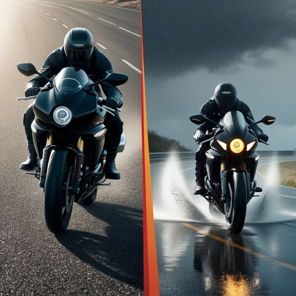 A split-screen image showing the same motorcycle and rider in two different weather conditions. On the left, riding on a dry, sunny road. On the right, riding in heavy rain with water spray and a glowing yellow headlight reflected on the wet road surface. The rider wears all black protective gear and rides a black sports motorcycle.