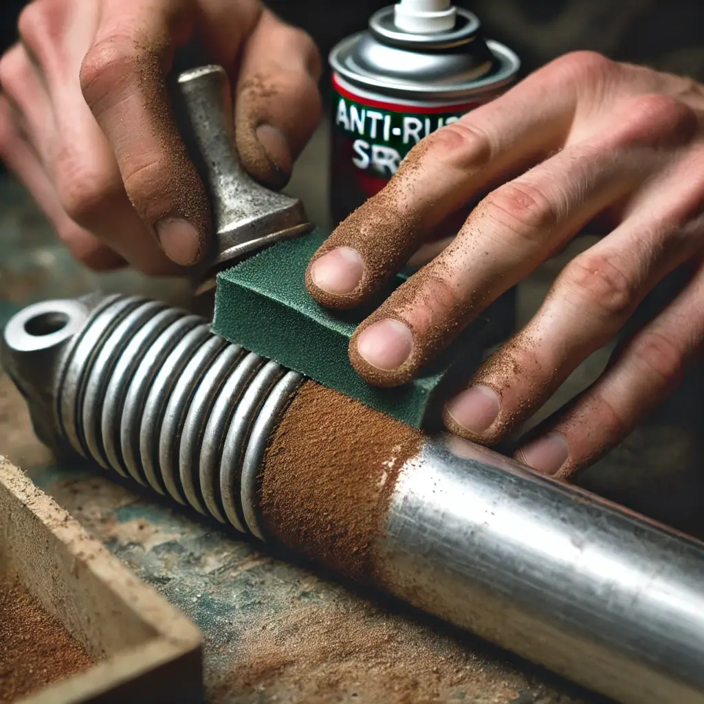 Removing rust from a motorcycle fork tube using fine-grit sandpaper.
