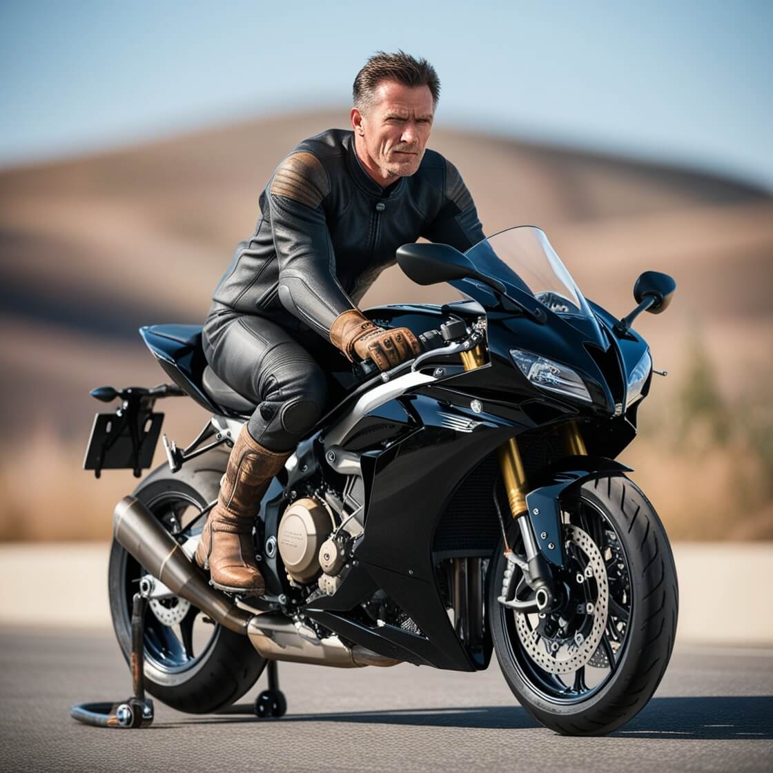 A motorcyclist wearing black leather gear and tan boots sits astride a black sportbike, likely a modern BMW sport motorcycle. The bike features gold front forks, dual disc brakes, and sleek aerodynamic fairings. The photo is taken in a desert setting with hills in the background on a clear day.