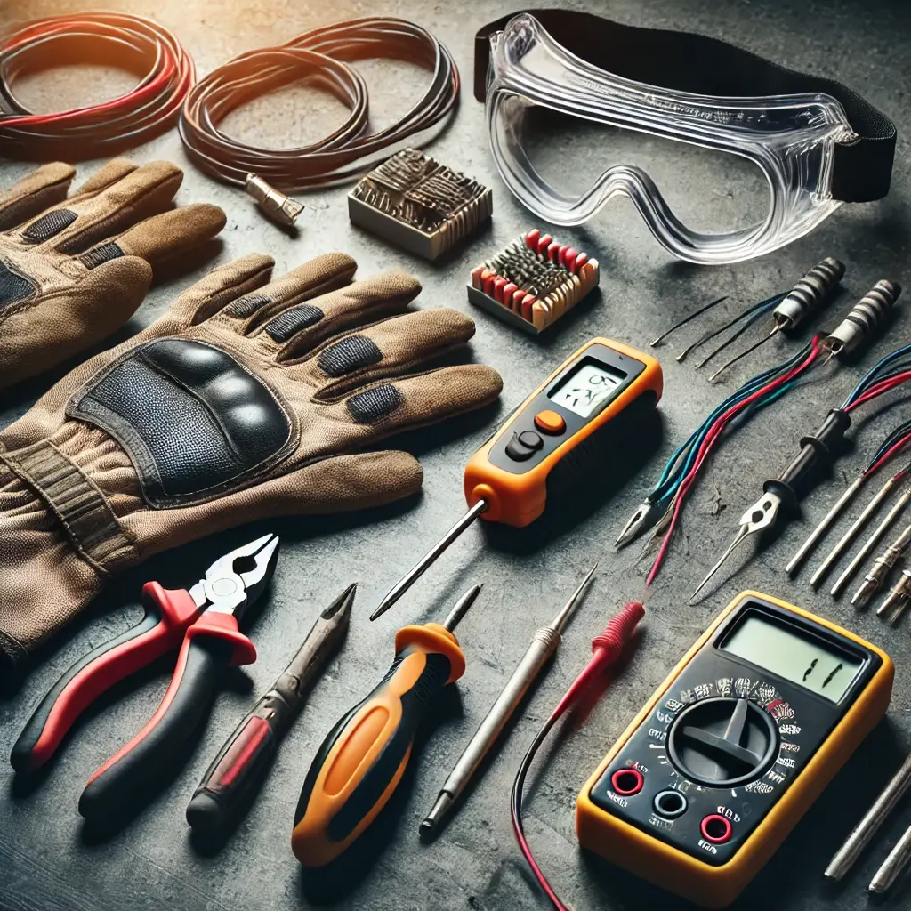 Safety gear and tools prepared for motorcycle wiring repairs