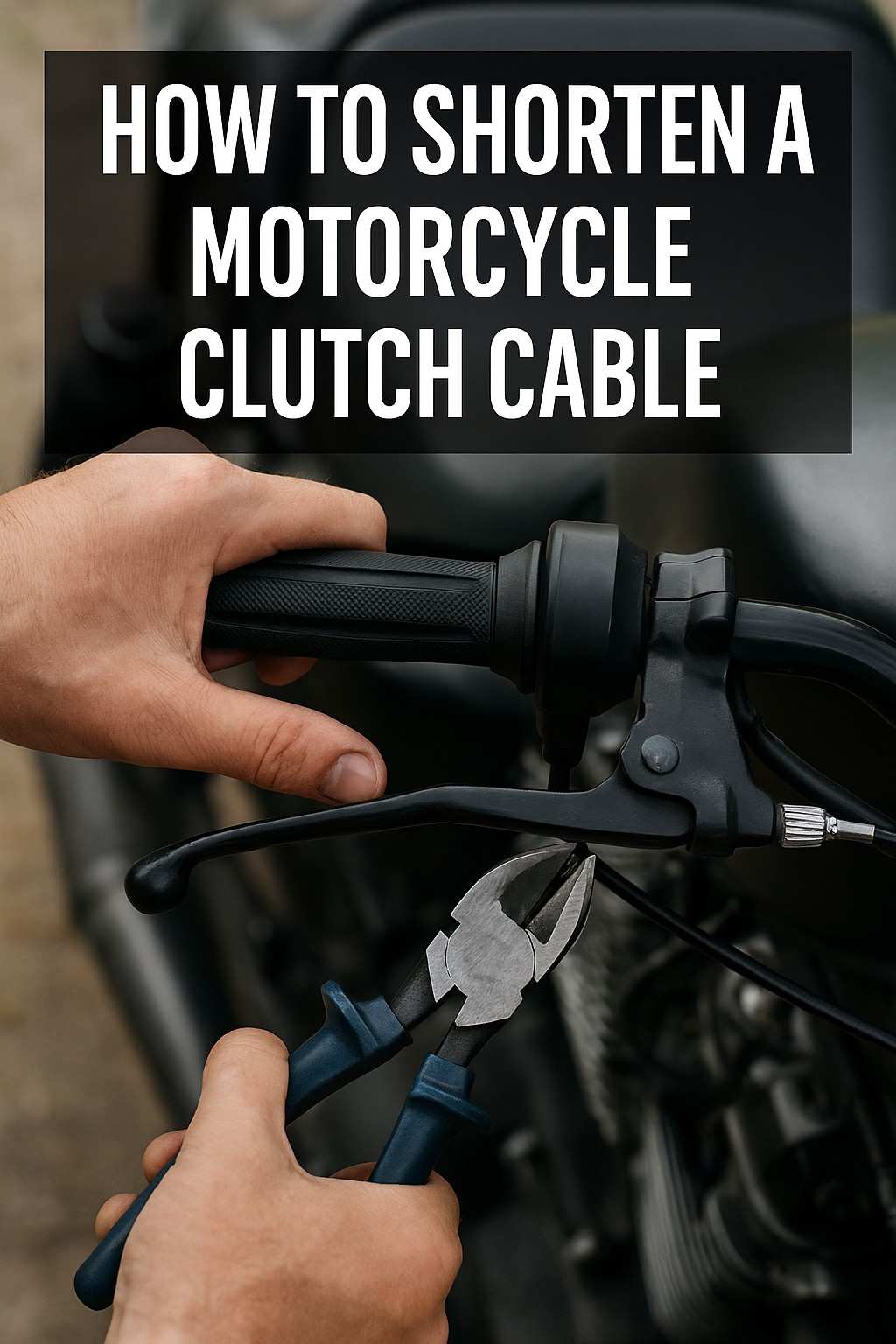 Mechanic using blue pliers to cut a motorcycle clutch cable while holding the left handlebar and lever.