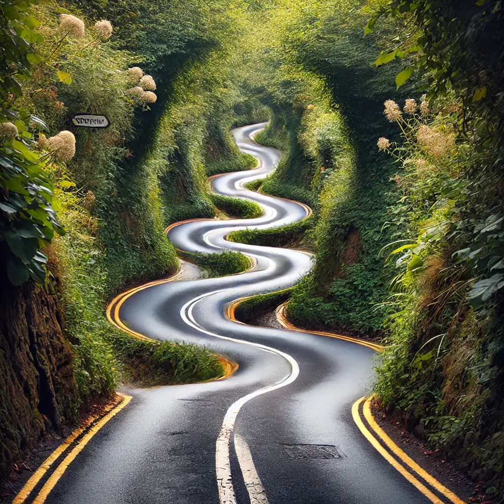 "Narrow, winding Somerset road with sharp turns, overgrown greenery, and road wear.