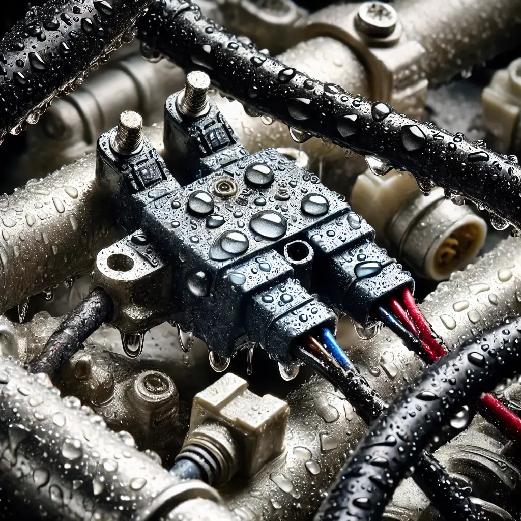 Water droplets on motorcycle wires, showing risk of short circuit from moisture exposure