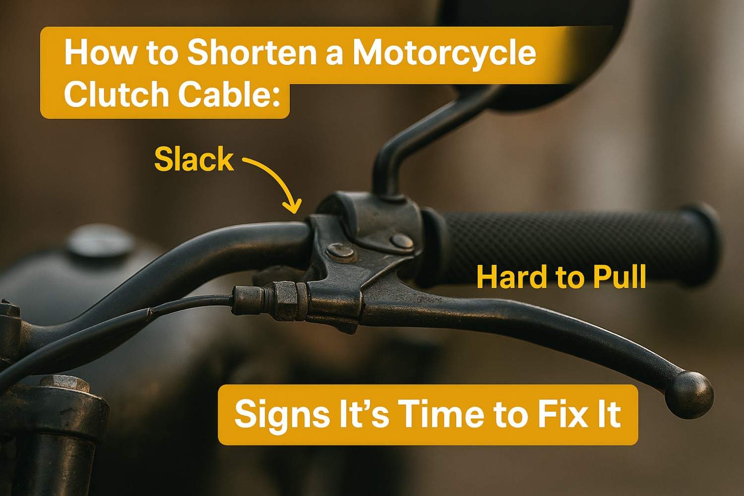Close-up view of a motorcycle clutch lever with labeled points showing cable slack and tension problems.