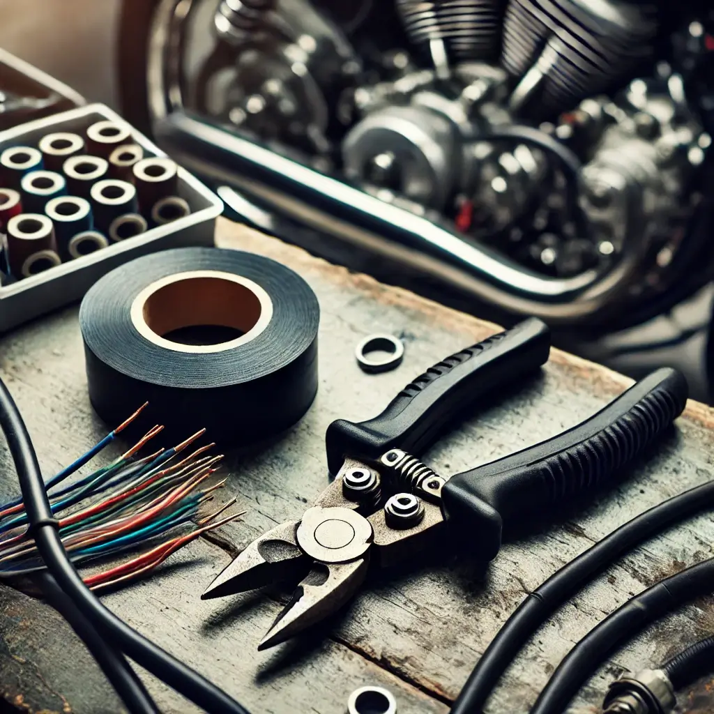 Wire cutters and electrical tape used for trimming and insulating motorcycle wires