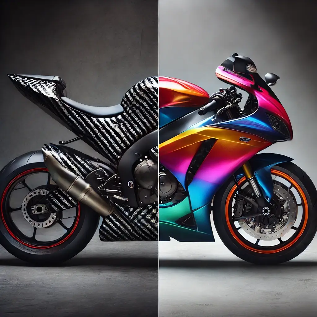 Side-by-side comparison of a motorcycle with a vibrant vinyl wrap and another with a high-gloss painted finish, highlighting differences in appearance and style.