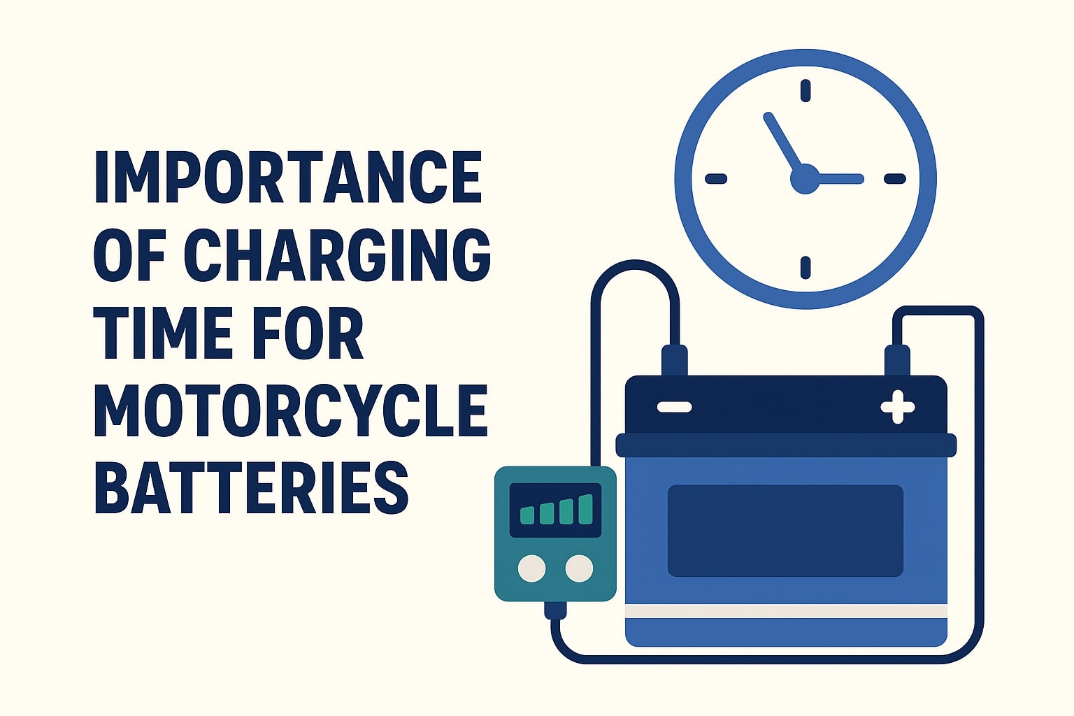 Minimalist flat-design illustration of a motorcycle battery connected to a charger with a clock, emphasizing charging time awareness.